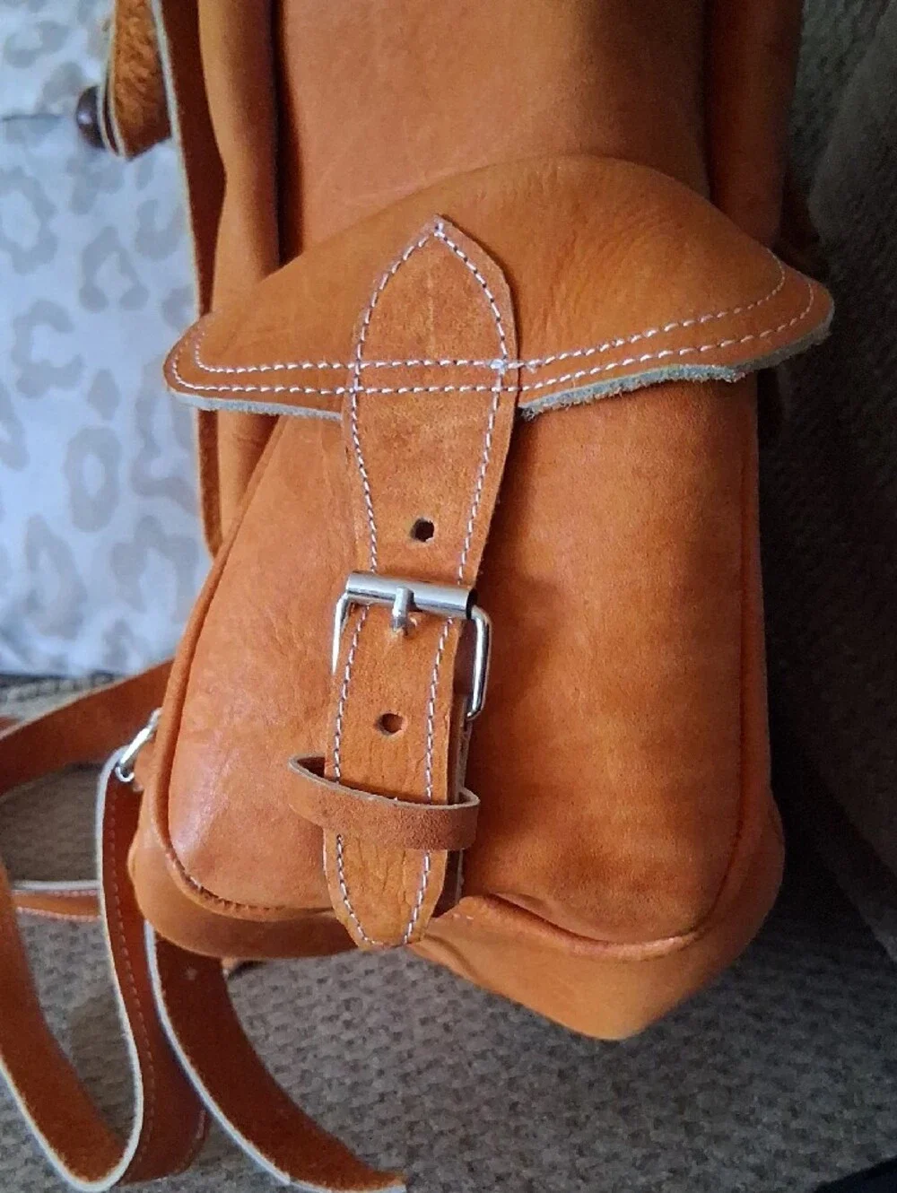 Vintage Tan Leather Backpack with Front and Side Buckle Pocket Purse Bag